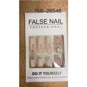 24 PCS White Flower Diamond Butterfly Nail Art, Long Length Long Water Pipe Fake Nails,Square Head Nail Tips False Nail (Option: 24pcs)
