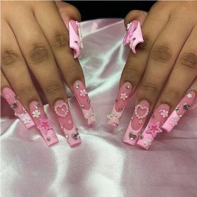 24 PCS Pearl Love Star Nail Art, Long Length Long Water Pipe Fake Nails,Square Head Nail Tips False Nail (Option: 24pcs)