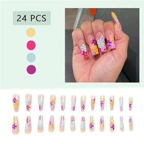24 PCS Long Flat Flowers Nail Art, Long Length Long Water Pipe Fake Nails,Square Head Nail Tips False Nail (Option: 24pcs)