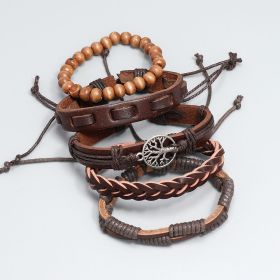 Personality Handmade Weave Vintage Leather Bracelet Diy5 Piece Set Lucky Tree Set Bracelet (Color: Brown 5 Piece Set)
