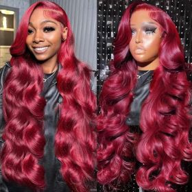 13x6 Lace Front Human Hair Wig Burgundy Red Body Wave, Density, 22 Inches (Option: 22inch)